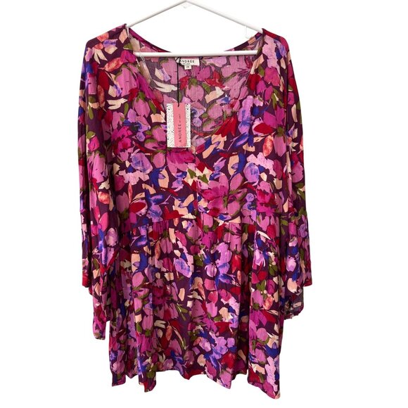 Andrée By Unit V Neck Floral Tunic Top Plus Size 2X Bell Sleeve Purple Multi NEW - Picture 1 of 6
